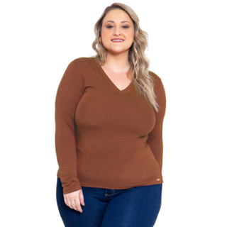 Blusa Básica Decote V Plus Size Feminina Manga Longa Do G1 Ao G3 0029