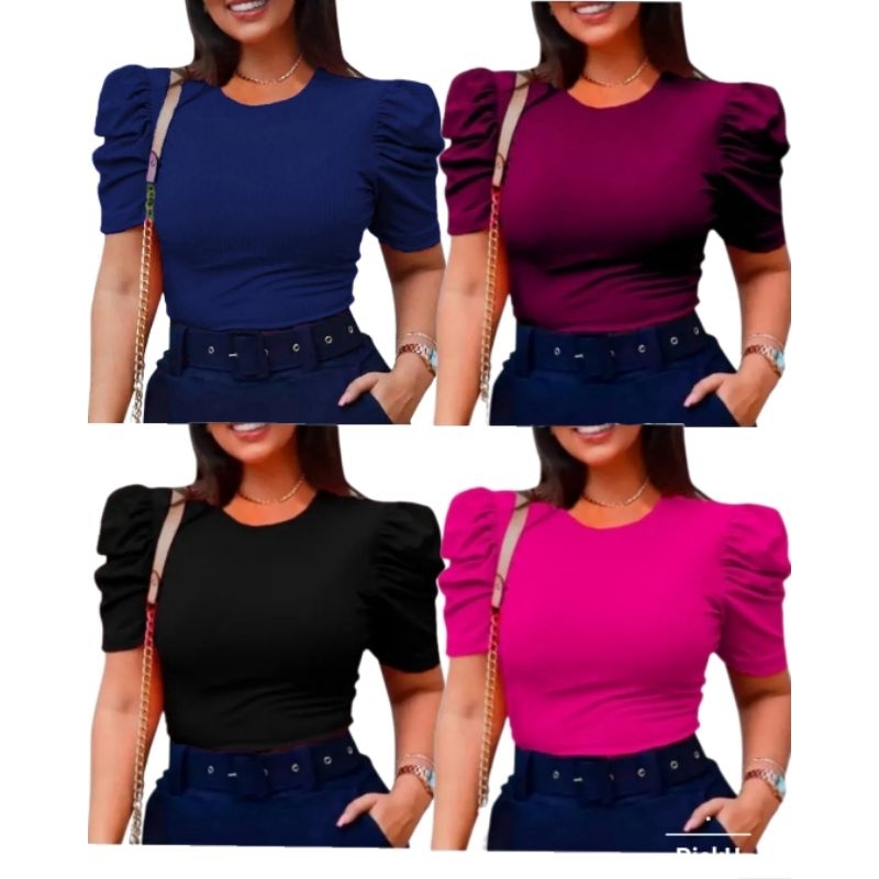 Blusa manga bufante princesa kit blusas evangélica malha canelada