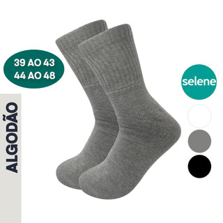 Meia Cano Alto Grossa ALGODÃO Punho Confortável SELENE Atoalhada Preto Branco Cinza Adulto 39 ao 48 Masculina Lisa