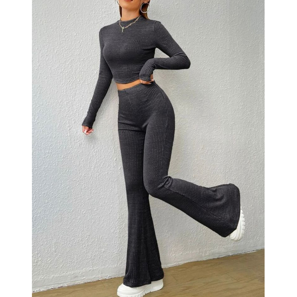 Conjunto de calça flare+ cropped manga longa canelada cintura alta pantalona inverno
