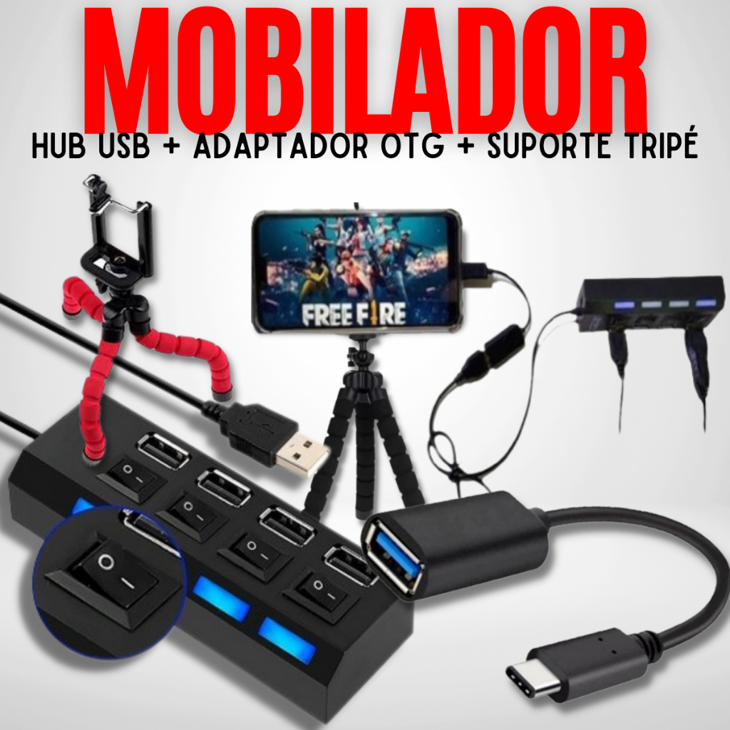 Mobilador Hub 4 Portas Usb Seletor On/Off + Adaptador Otg Usb-c/Micro Usb V8 + Suporte Mini Tripé Ajustável Para Celular
