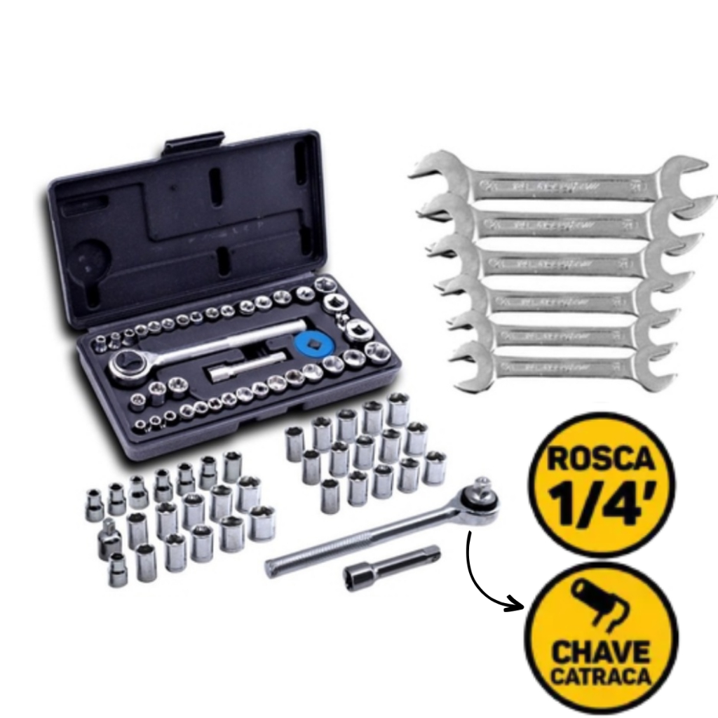 Kit De Ferramentas Com 46 Peças: Jogo Soquete Sextavado Com Catraca 40 Peças+Jogo Chave Fixa 6 Peças