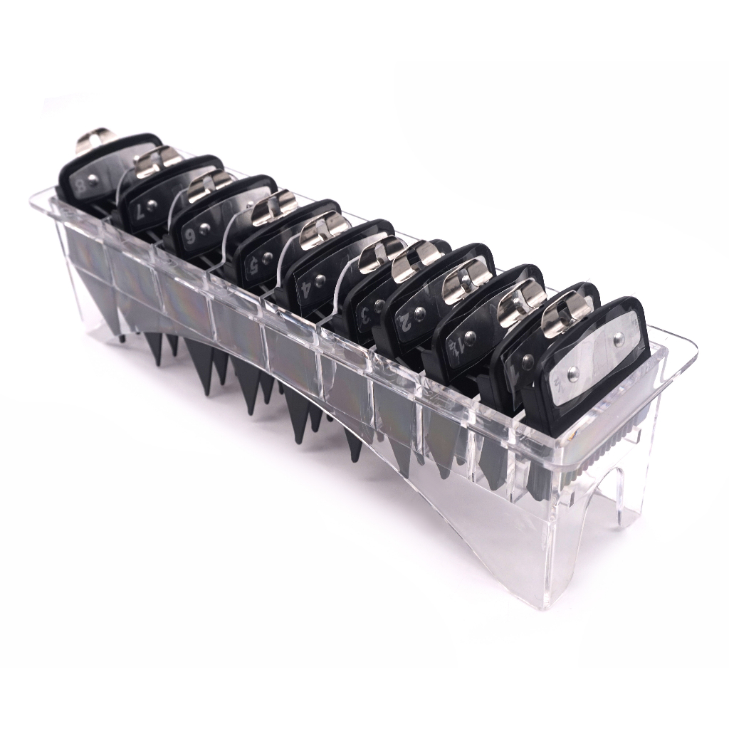 Kit 8 Pentes Especiais mais 2 Degrade Com Clip Trava De Metal Para Maquina de Corte Para Maquina Wahl com Suporte Acrílico