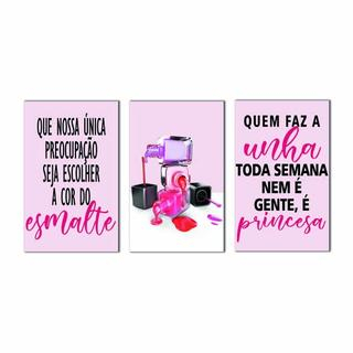 Kit Quadros decorativos Mosaico 3 Peças Trio Frase Esmalte Unha Manicure Pedicure Princesa Rosa Rose Salão Mulher Menina Vintage Minimalista