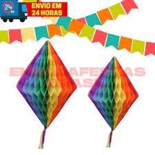 Enfeite Festa Junina Balão Papel Colorido Com Franja Losango Decoração Arraial (30 Cm)