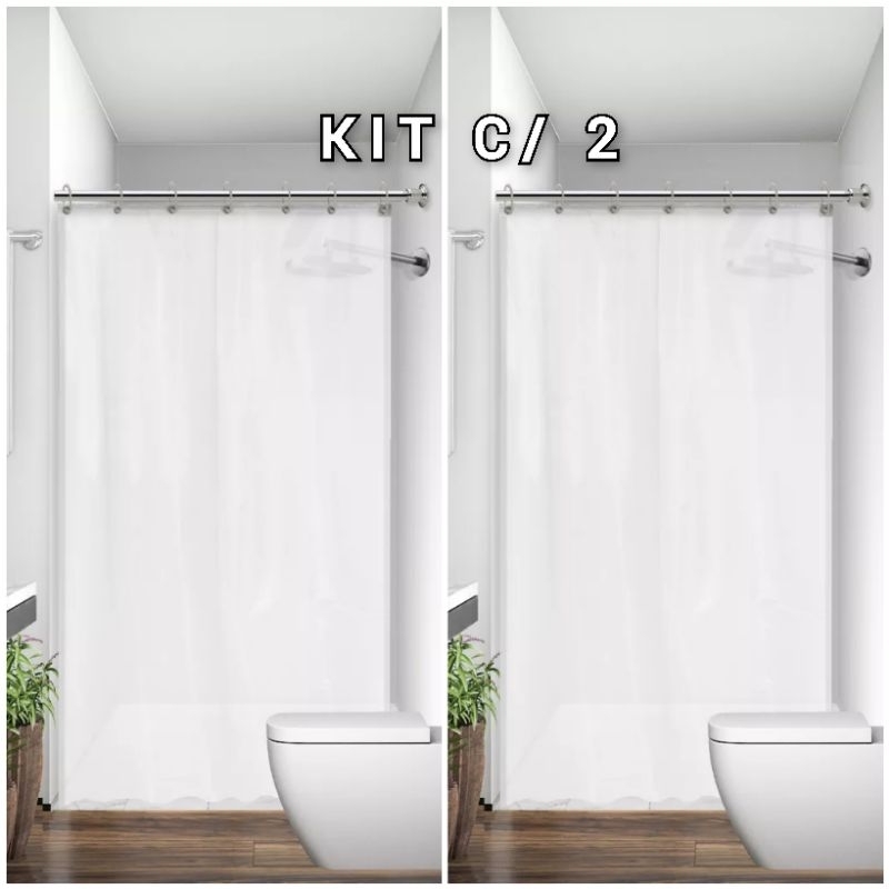 KIT 2 Cortina para Box de Banheiro Luxo Tecido Poliéster Lavável com Ganchos 1,38m x 1,98m Branca
