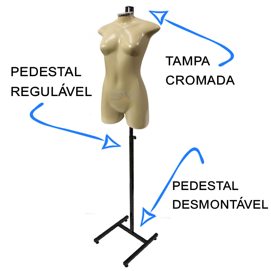 Manequim Feminino + Tampa Cromada + Pedestal Regulável