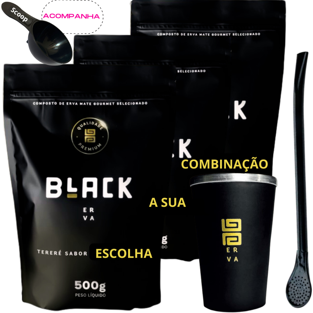 Kit 3 Pacotes Tereré Black Erva Mate 500g + Copo de Alumínio Térmico + Bomba Clássica Preta