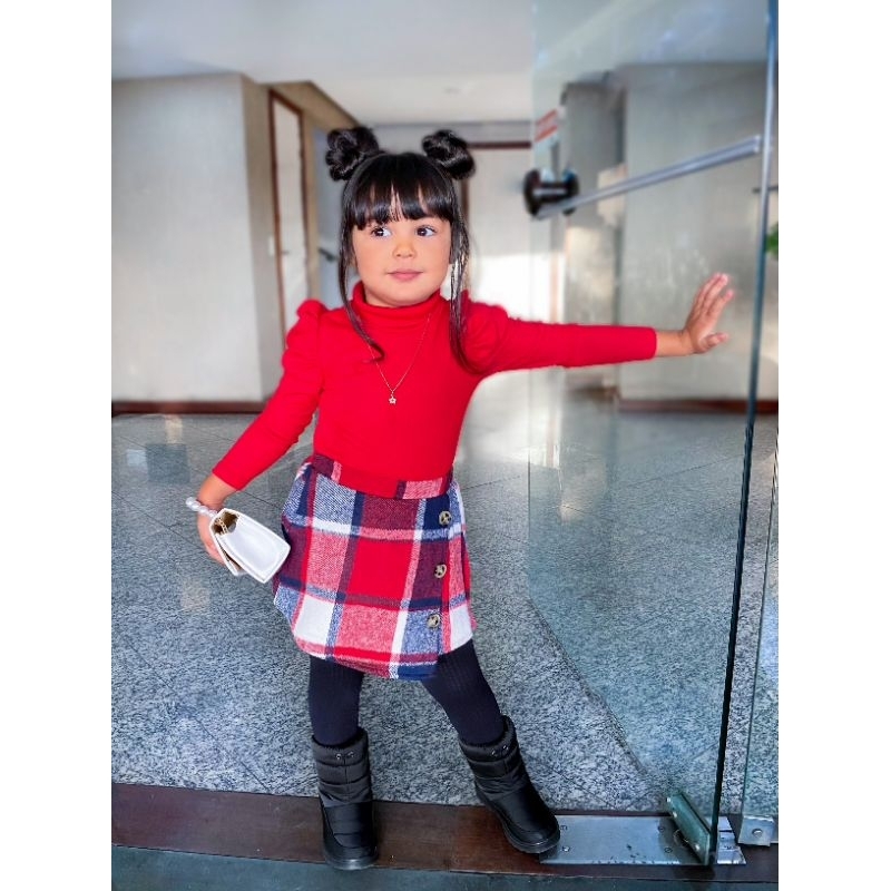 Conjunto infantil xadrez natal inverno elegante saia e flanelada e blusa canelada