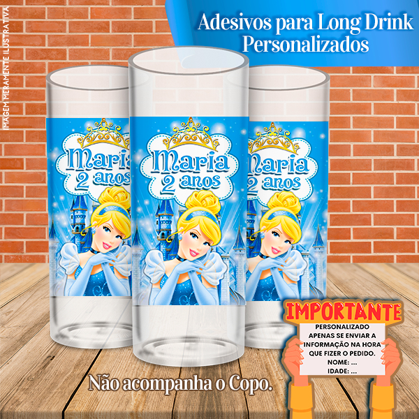 Adesivos Personalizados para Copo Long Drink Cinderela