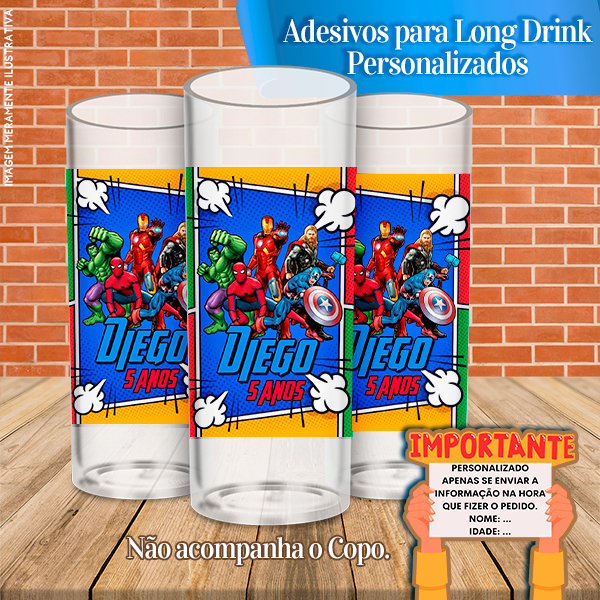 Adesivos Personalizados para Copo Long Drink Vingadores