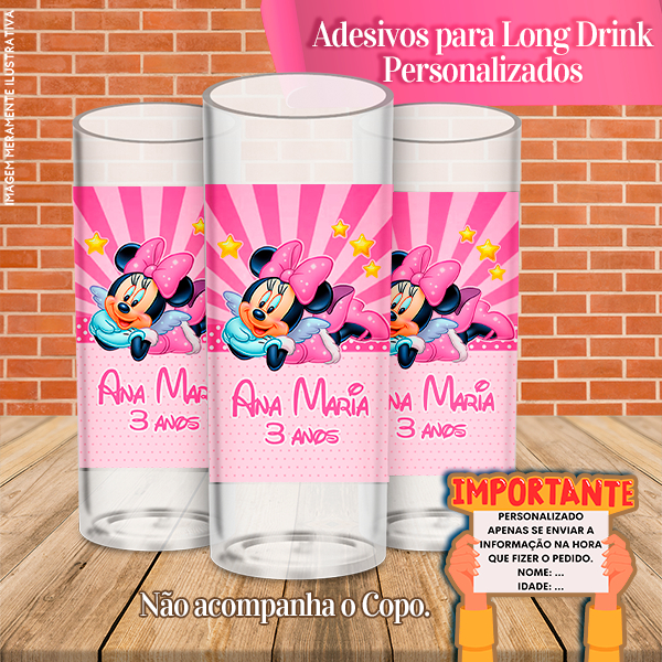 Adesivos Personalizados para Copo Long Drink Minnie rosa e Mickey