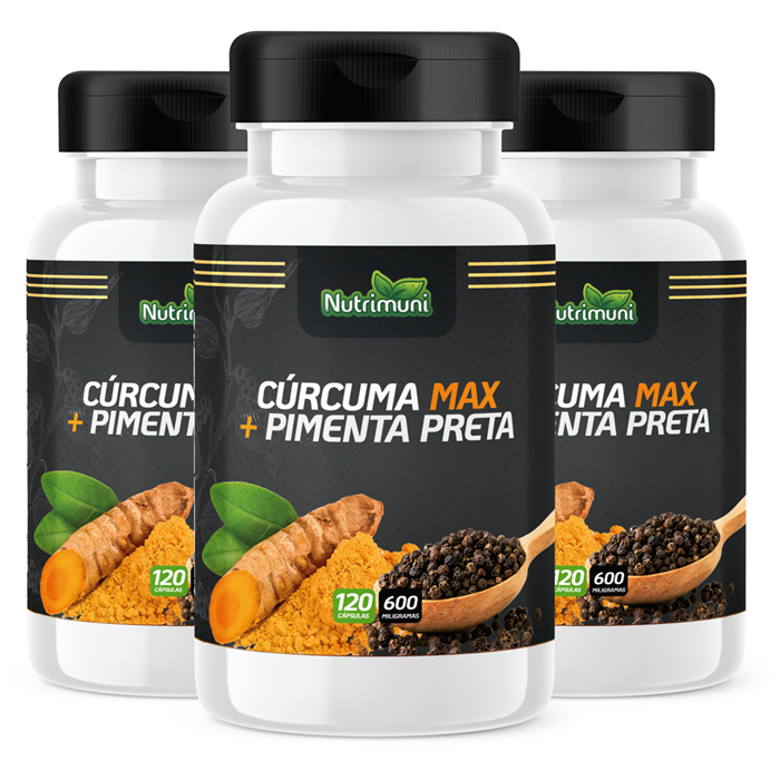 Cúrcuma Max 360 Cáps 600mg Cúrcuma + Piperina que é Pimenta Preta 3 potes Cápsula de Gelatina