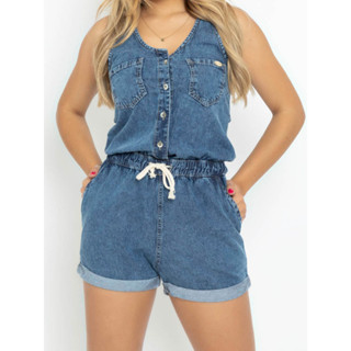 Macaquinho Jeans Feminino Lavagem Media