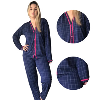 Pijama De Frio Blogueirinha de Botão Americano Pijama Inverno Calça e manga longa
