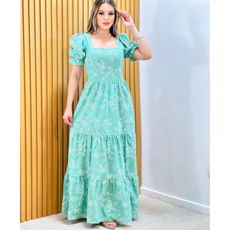 vestido longo luxo tricoline manga curta 3 marias 0545