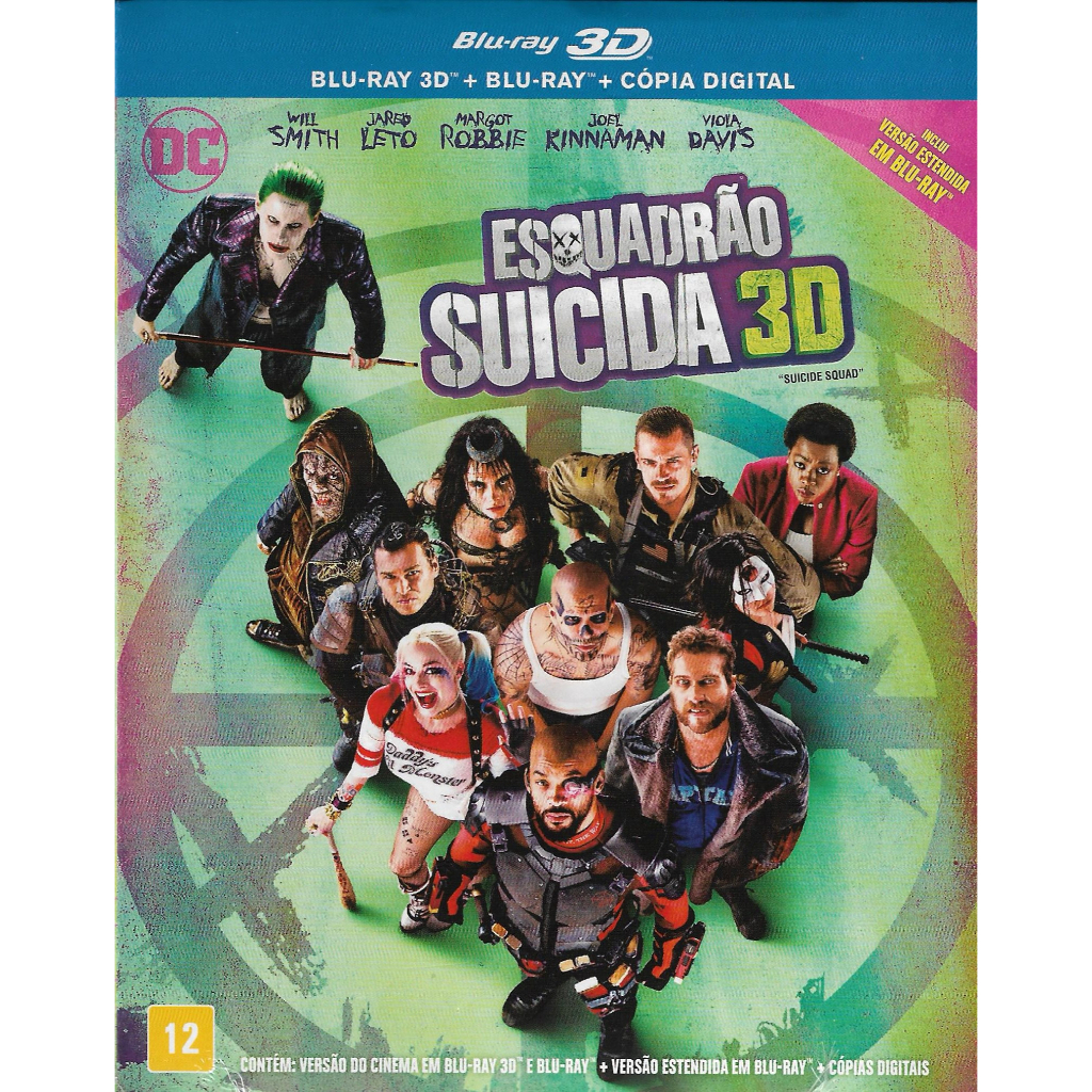 Blu-ray 3D + Blu-ray Esquadrão Suicida - Versão Estendida Com Cenas Inéditas  e Versão de Cinema + 1H20 de Extras - Box Com Luva - Novo Lacrado