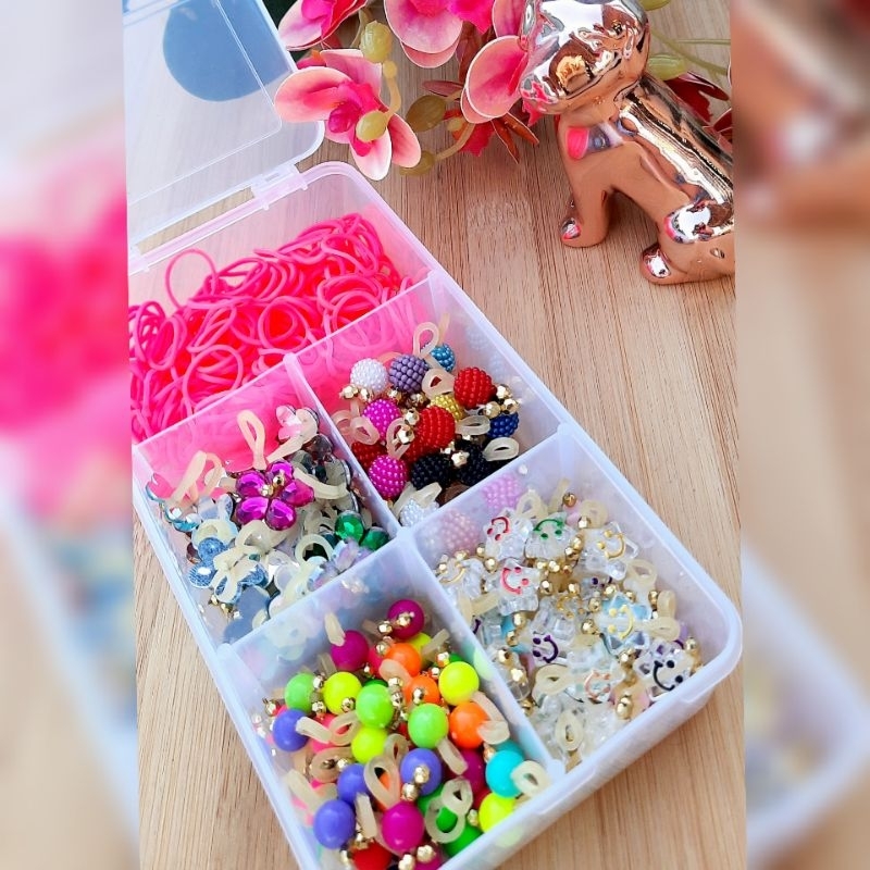 Kit 80 Pontos de Luz Pet + Caixa Organizadora + Elasticos Penteado, Lacinhos Pet, Pérolas, Amorinhas Pet Biju
