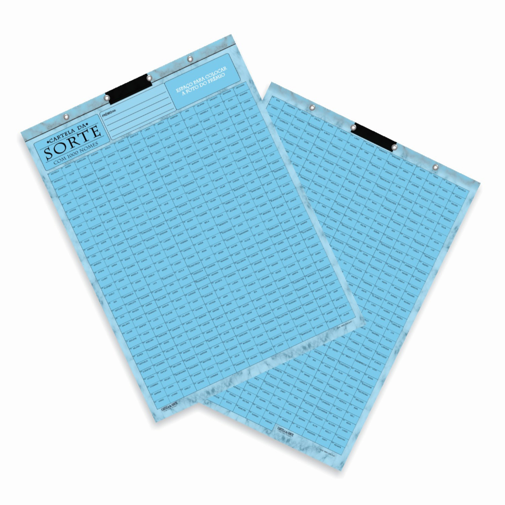Cartela Rifa  com 1.000 Nomes/Números - Cartela em Papel 180g. encorpadp.