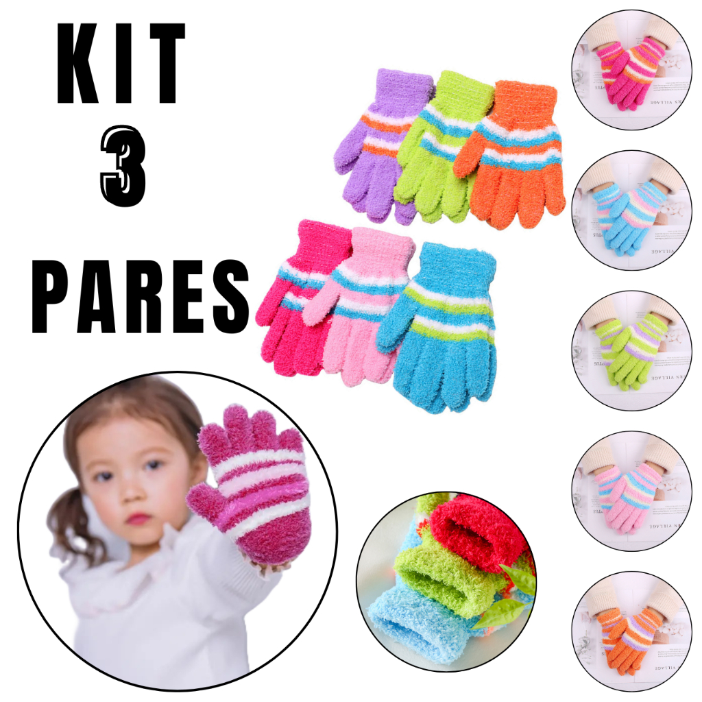 Kit 3 Luva Infantil La Lisa Inverno Frio Criança Menina Menino Quentinha Resistente