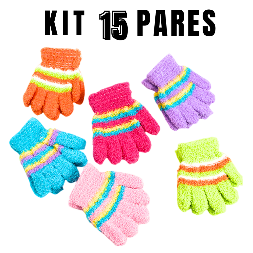 Kit 15 Pares Luva Infantil Lã Listrado Pelúcia Inverno Frio Criança Menina Menino