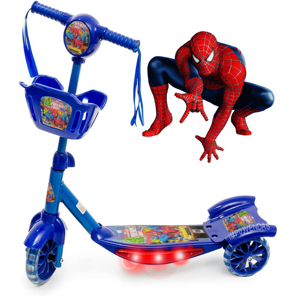 Patinete Cesta Infantil Homem Aranha 3 Rodas Com Luz e Som