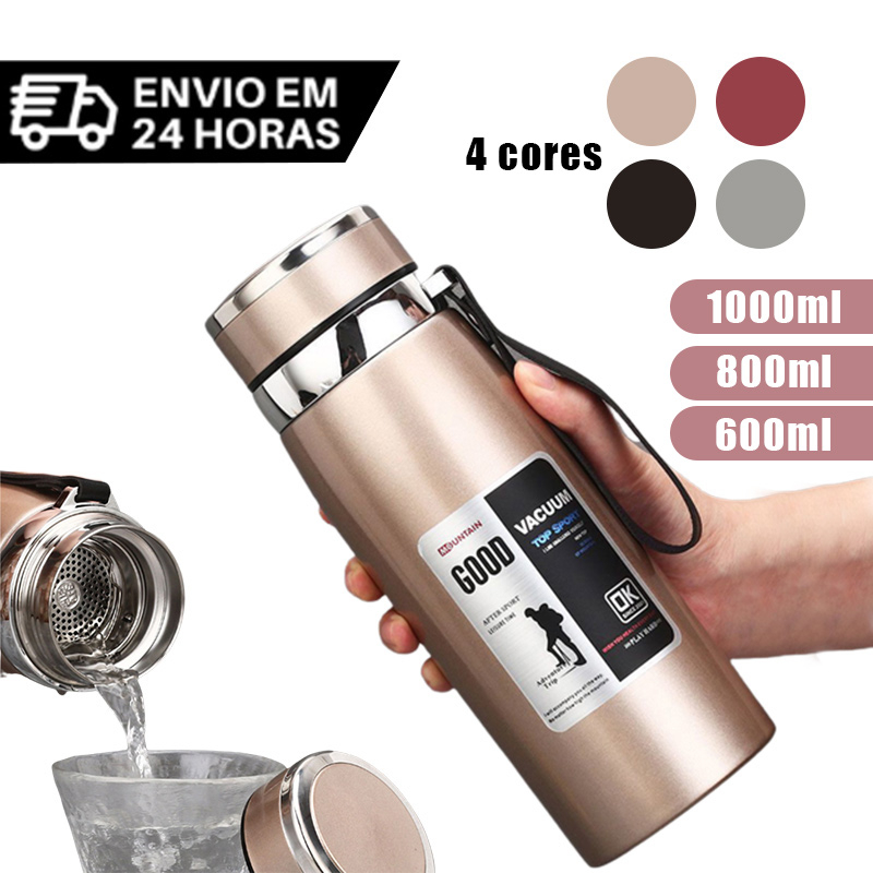 Garrafa 1000ml Inox Térmica Com Infusor Prata e Dourada De Água Café Dupla Com Alça