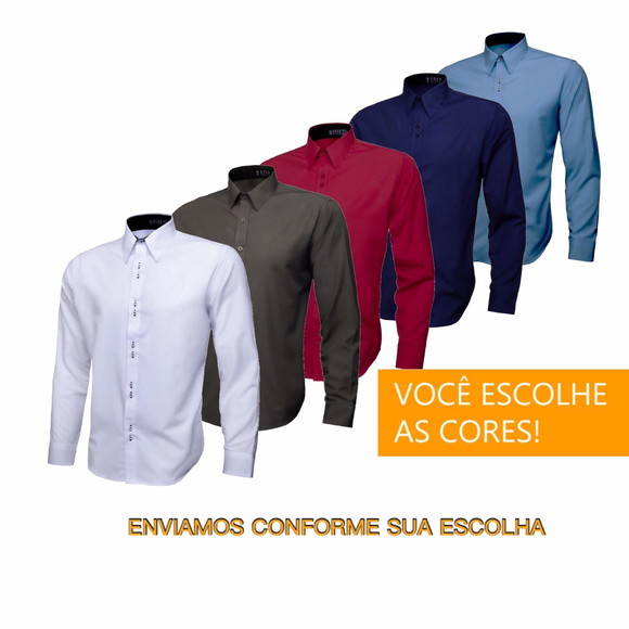 Kit 5 Camisas Social Masculina Manga Longa Lisa Slim Blusa Camiseta Lisa