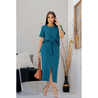 conjunto cropped alongado despojado + saia midi com fenda frontal moletinho em Oferta na Shopee
