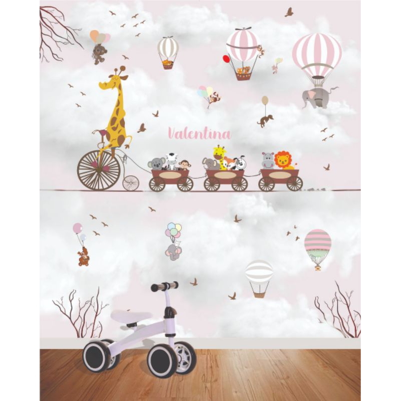 Papel de Parede Adesivo Infantil menina Safari Rosa Bichinhos Balão rosa