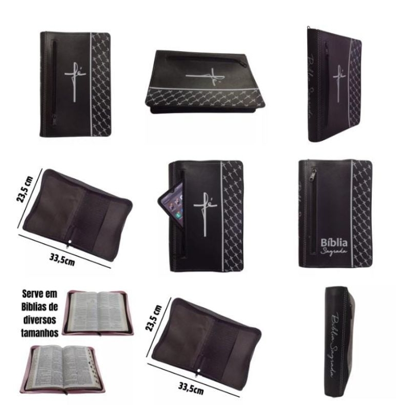 Capa para Bíblia com Zíper e Bolso Externo Preta para Bíblia de Estudo Média Numero 11