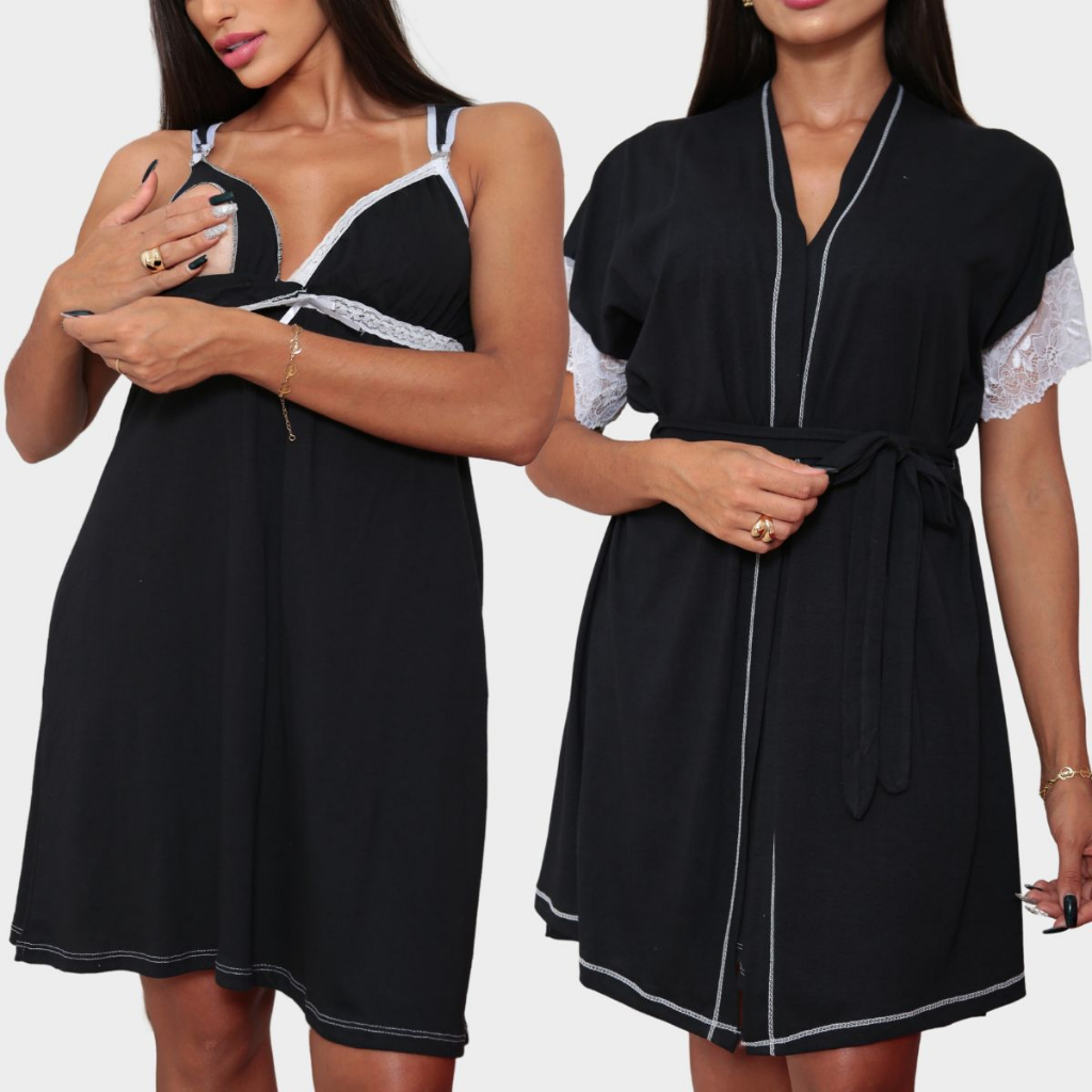 Camisola de Amamentação + Robe de Algodão Plus Size