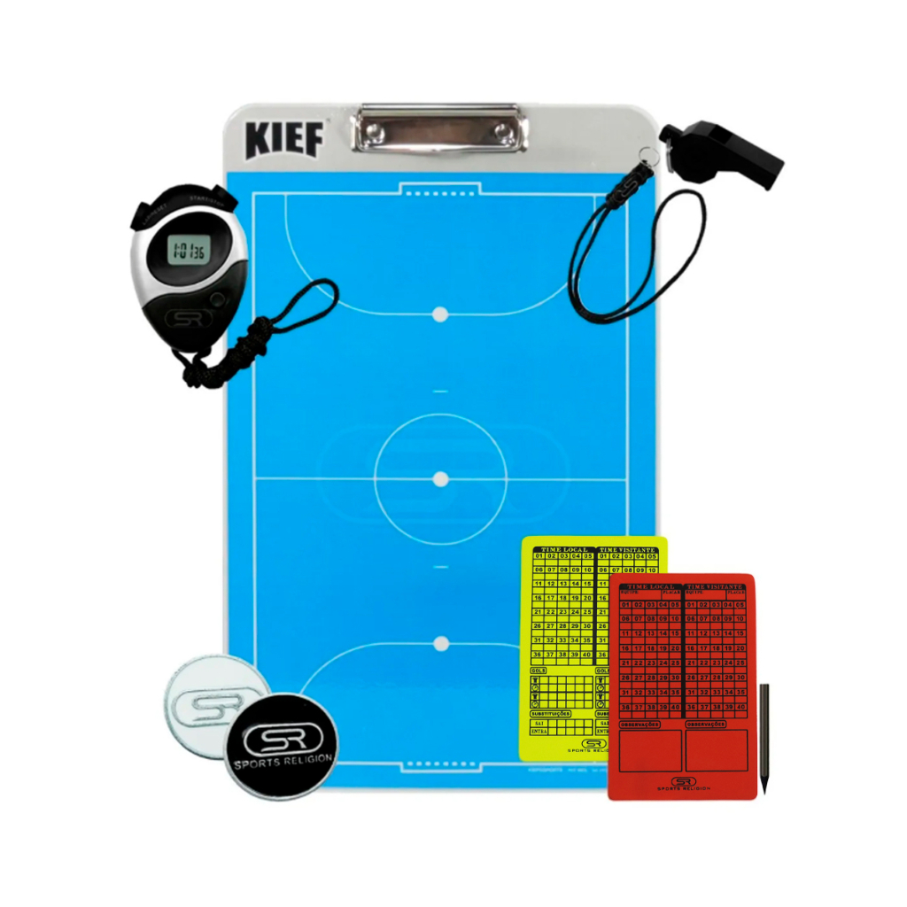 Prancheta Tática Dupla Face Futebol De Salão Kief + Apito Com Cordão + Cartão De Arbitro + Cronometro - Futsal