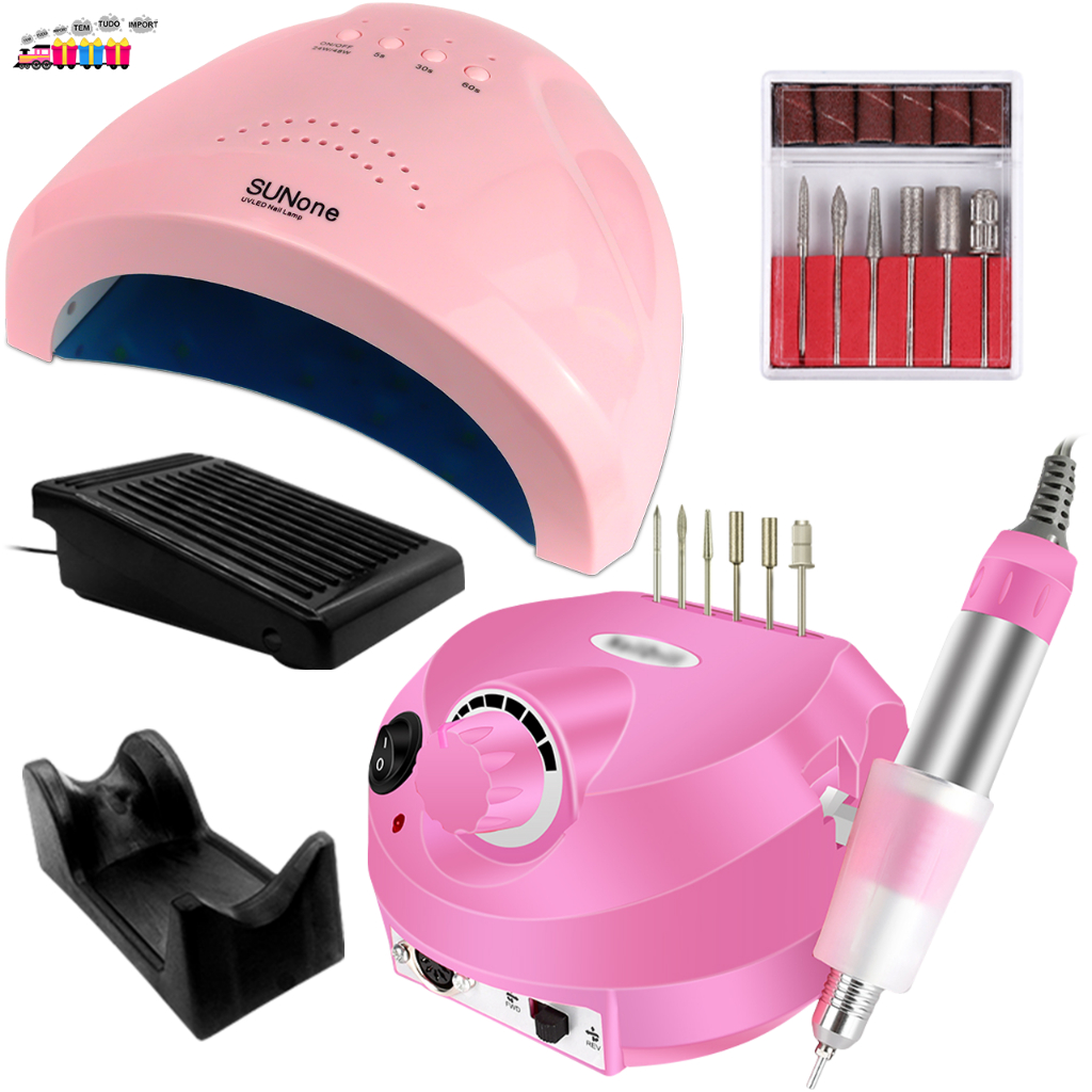 Kit De Unha Cabine Sun One Led Uv 48w + Lixa Lixadeira Eletrica Motor Porquinho Manicure Profissional Nail Drill Unha