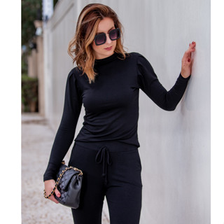 Conjunto Moletinho Manga Princesa/Bufante Feminino Outono/Inverno - Preto