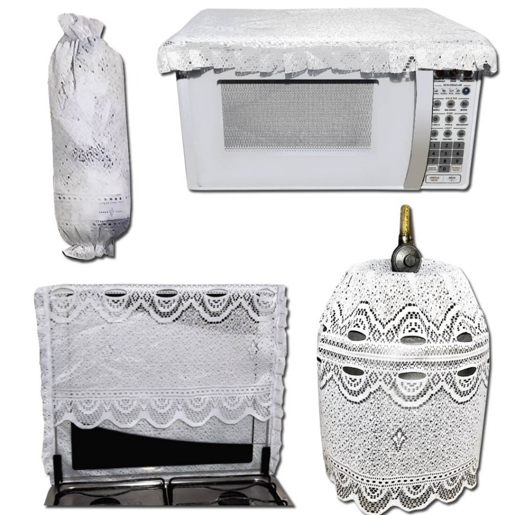 Jogo de Cozinha 4 Peças Capa de Botijão , Capa de Fogão , Cobre Micro-ondas e Puxa Sacolas de Renda