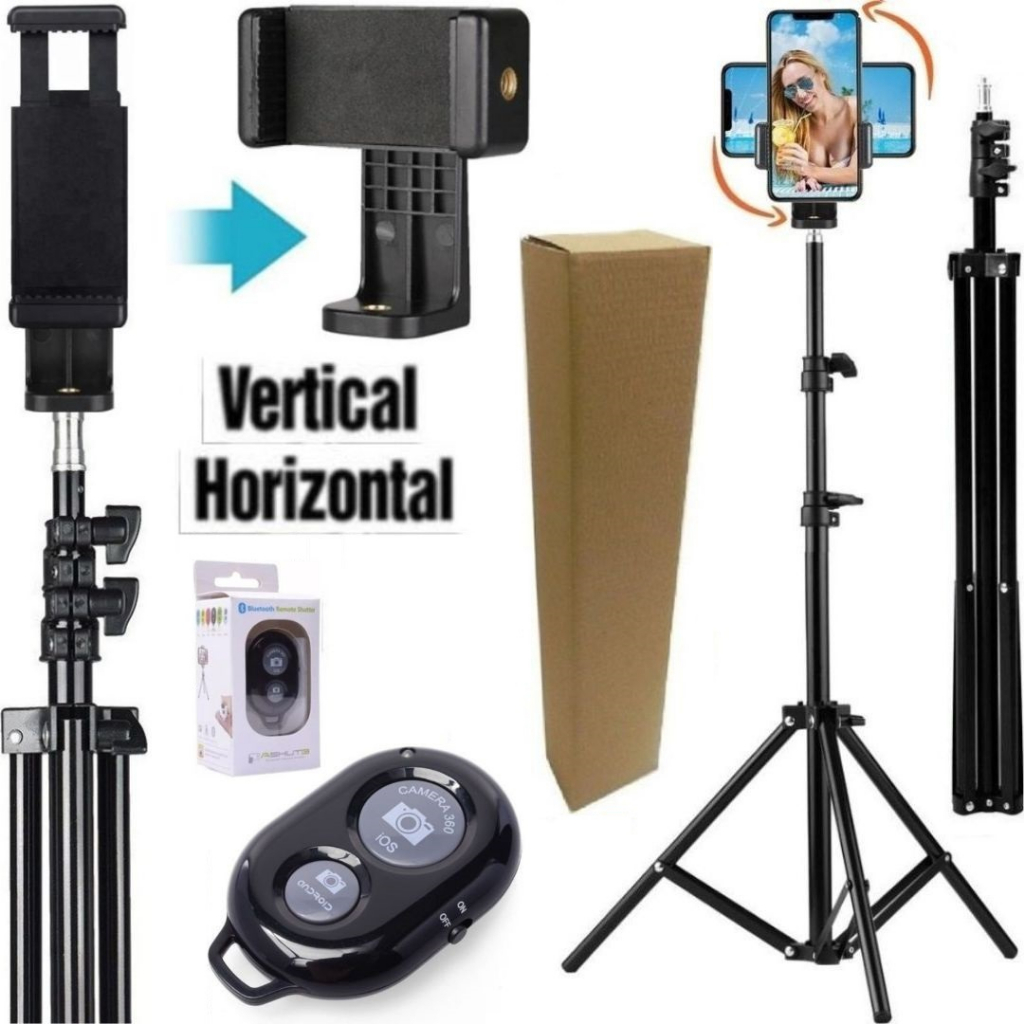 Tripé 2 metros com suporte giratório 360º para celular foto gravação vídeo vertical horizontal