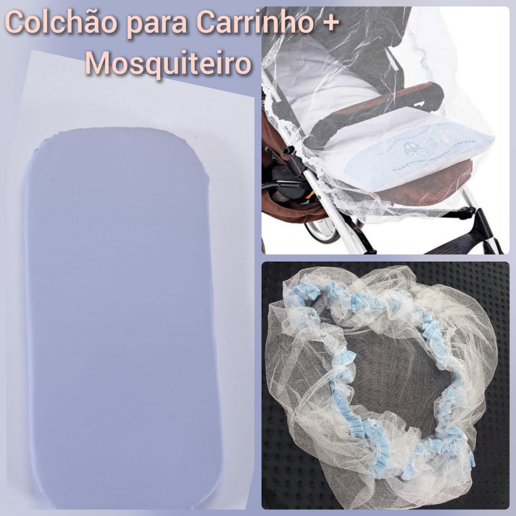 Colchonete Para Carrinho De Bebê Moises Universal Azul bebê + Mosquiteiro protet