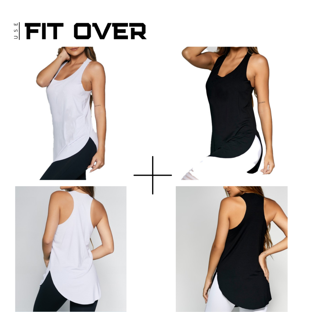 Kit 2 camisetas fitness - básica - tapa bumbum - branca + preta - academia - crossfit - fit over em Oferta na Shopee