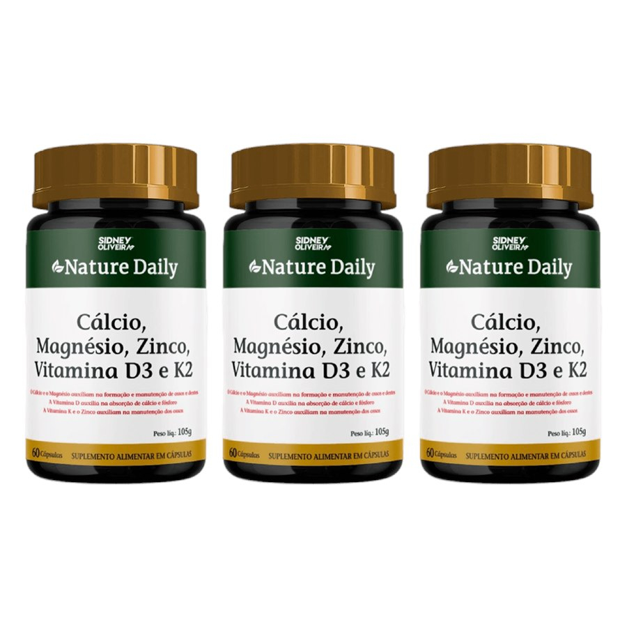 Cálcio + Magnésio + Zinco + Vitamina D3 + K2 Nature Daily 60 Cápsulas kit 3 unidades