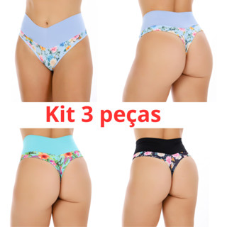 Kit 3 Calcinhas Cinta Modeladora Cós Alto Fio Dental Duplo Cintura Alta Tanga Conforto.