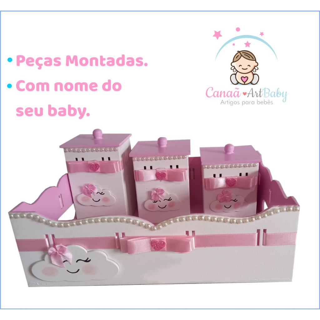 Kit Higiene para bebê MDF 4 Peças Nuvem Chuva de bênçãos Chuva de amor Menina Rosa