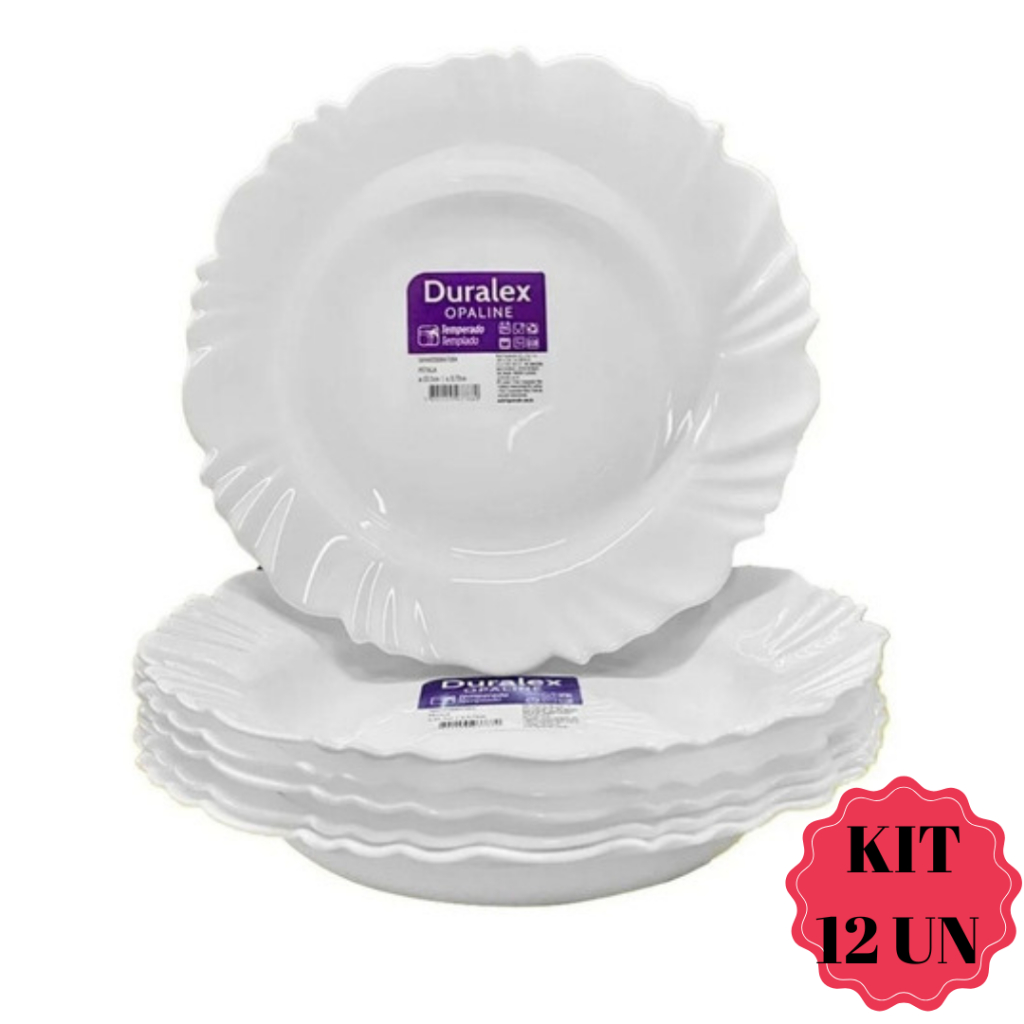 Jogo Kit 12 Pratos Fundo Pétala Branco Vidro Duralex Opaline Jantar Resistente Almoço Conjunto