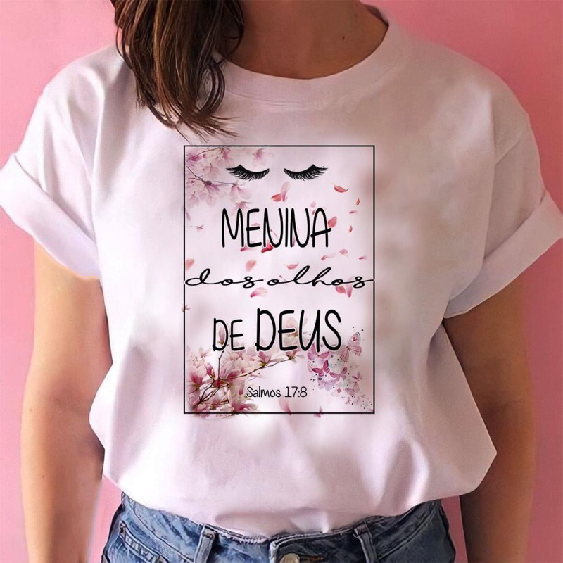 T-Shirt Baby Look Feminina Moda Evangélica Menina dos Olhos de Deus/Deus é Amor/Jesus/Perdoe 70 x7/Espírito  Santo/Deus