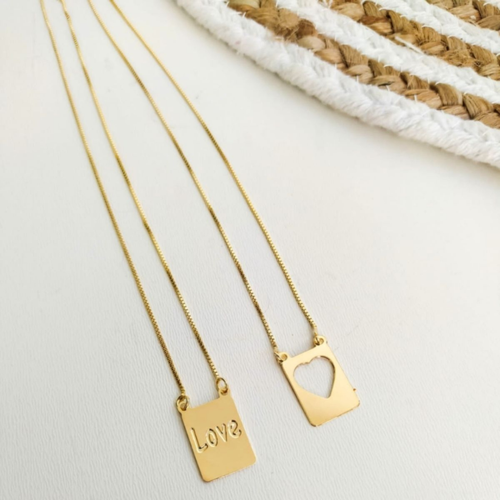 Escapulário love + coração vazado cordão veneziana dourado ou prata