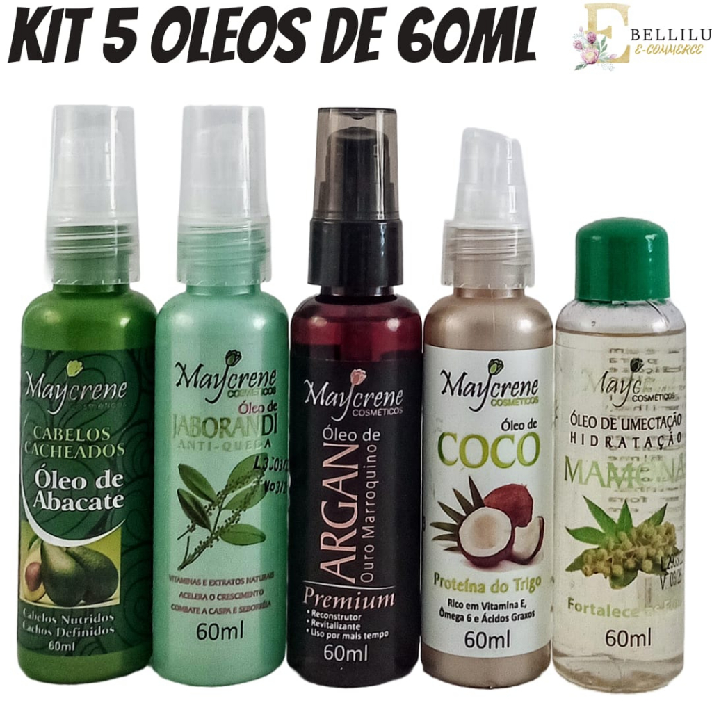 Kit 5 Óleo reparador de pontas Maycrene 60ml ( argan,jaborandi,abacate, coco)