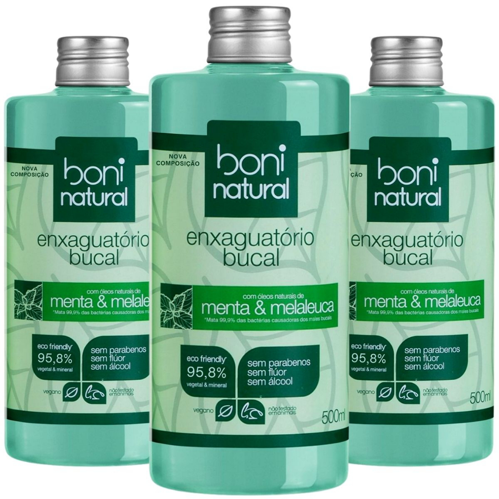 Kit 3 Enxaguante Bucal Natural Menta e Melaleuca 500ml Boni