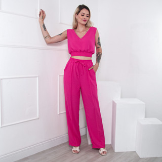 Conjunto Feminino Confortável Cropped e Calça Pantalona Tecido Duna pipoca