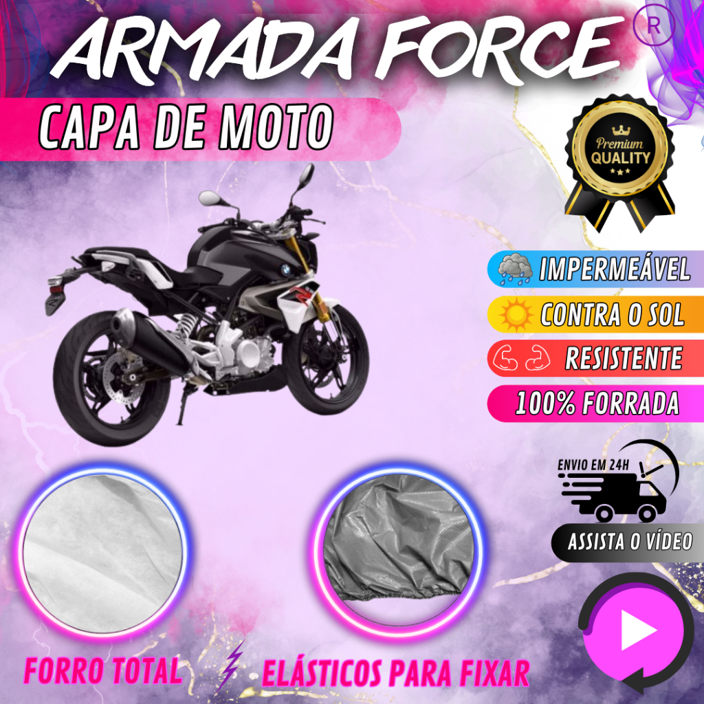 Capa para Cobrir Moto BMW G3 10R 100% Forrada Forro Total Armada Force 100% Impermeável Forro Total Protege Sol Chuva Poeira Lona Proteção Automotiva