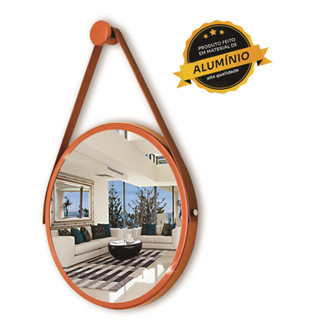 Espelho Redondo Decorativo Suspenso Com Alça 40cm + Suporte Cobre Alça Caramelo